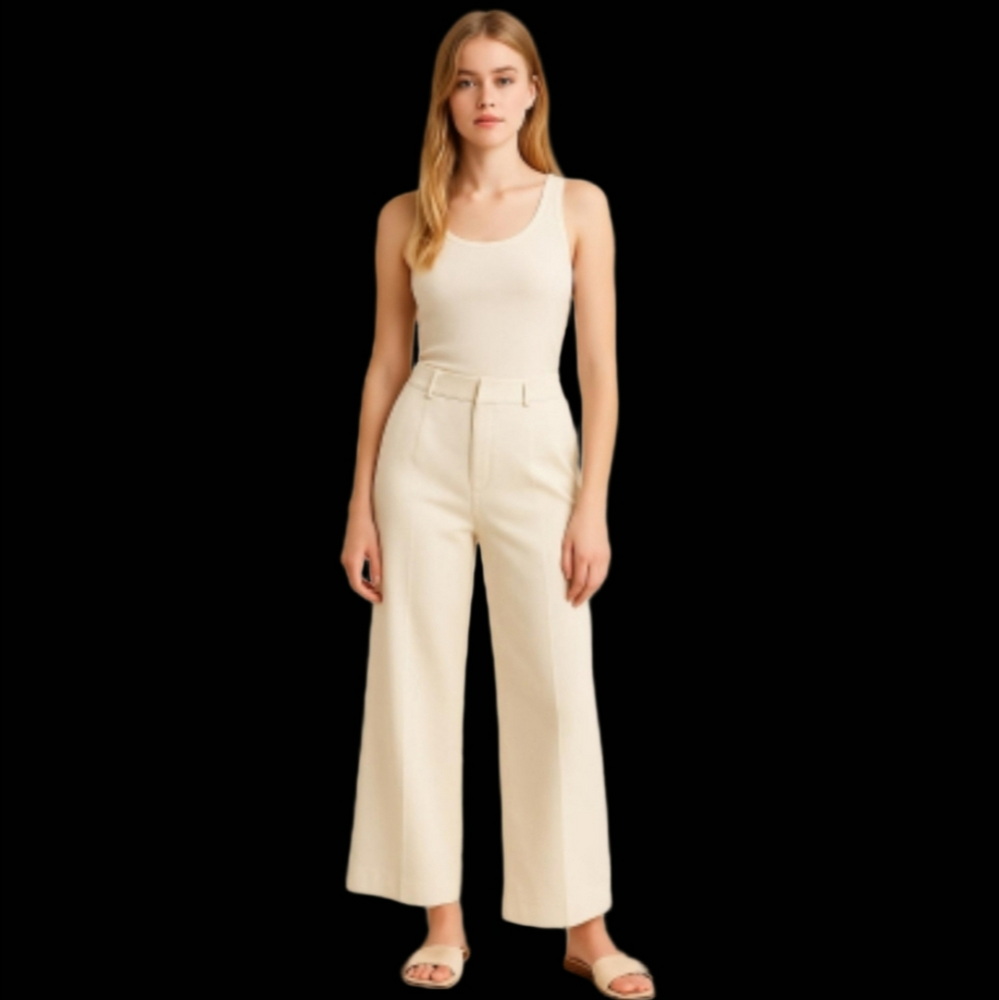 Gantos High Waist Pleated Wide Straight Leg Trousers Ivory Fully Lined Sz.12